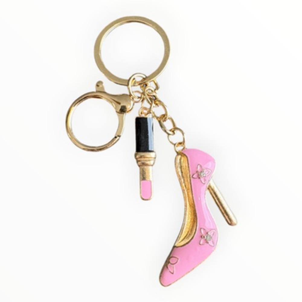 Women's Gold Pink Key Chain High Heel Shoe Lipstick Charm 4" Rhinestone